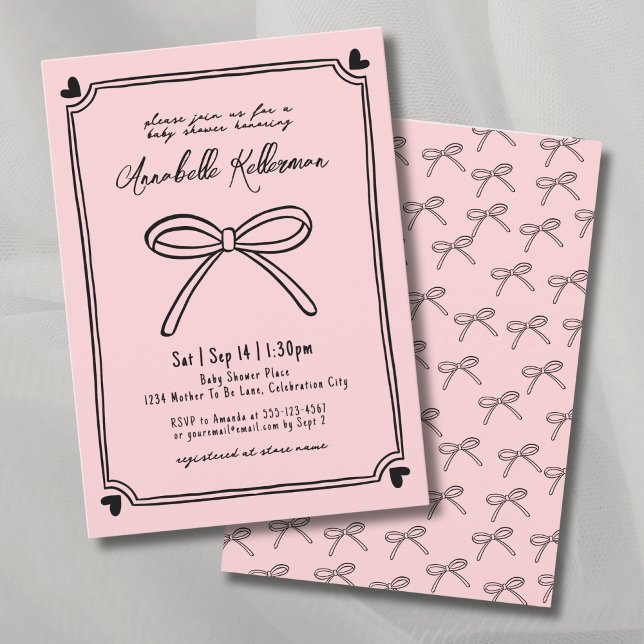 Convites Chuva de Bebê Arco Rosa Desenhado à Mão Elegante (Hand Drawn Pink Bow Baby Shower Invitation)
