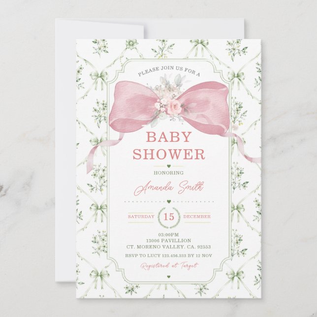 Convites Chuva de Bebê Arco Rosa Floral Chinoiserie Verde S (Frente)