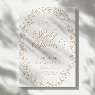 Convites Chuva de Bebê Arte de Linha de Rosas Florais Bege