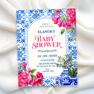 Convites Chuva de bebê artística com azulejos azuis e branc