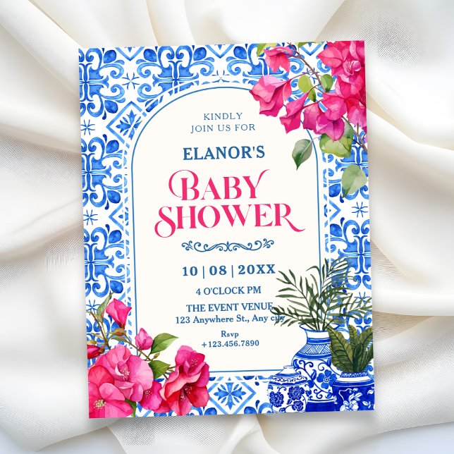Convites Chuva de bebê artística com azulejos azuis e branc (Criador carregado)