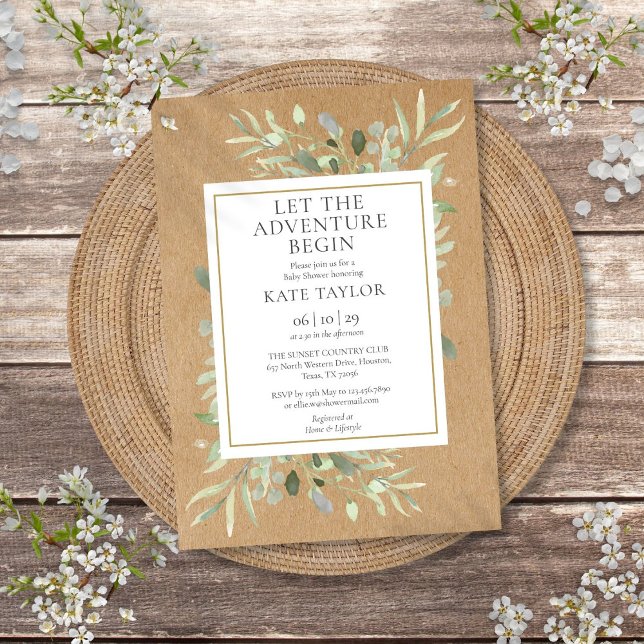 Convites Chuva de Bebê Aventura Rústica com Folhagens (Adventure Rustic Baby Shower Greenery Invitation)