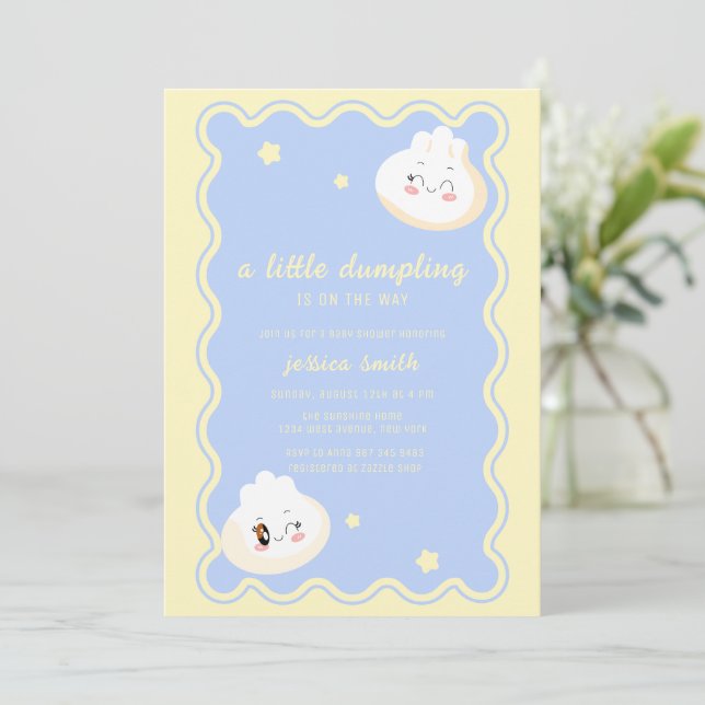 Convites Chuva de Bebê Azul Amarelo Estrela Dumpling Chinês (Em pé/Frente)
