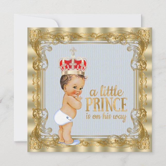Convites Chuva de Bebê Azul Bebê Dourado Príncipe Real (Frente)