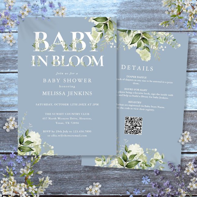Convites Chuva de Bebê Azul Bebê em Flor Greenery Tudo em U (Blue Baby In Bloom Greenery All In One Baby Shower Invitation)