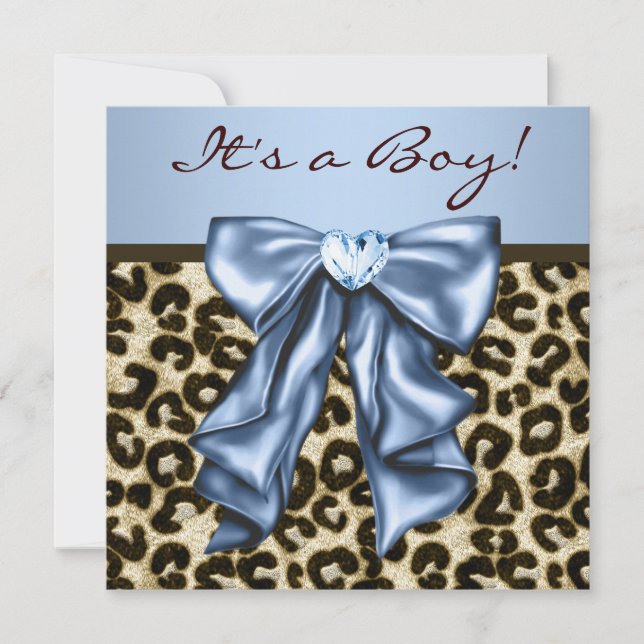 Convites Chuva de Bebê Azul Bebê Menino Leopardo Marrom (Frente)
