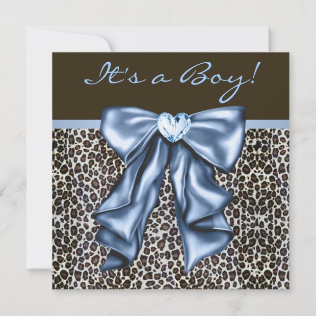Convites Chuva de Bebê Azul Bebê Menino Leopardo Marrom (Frente)