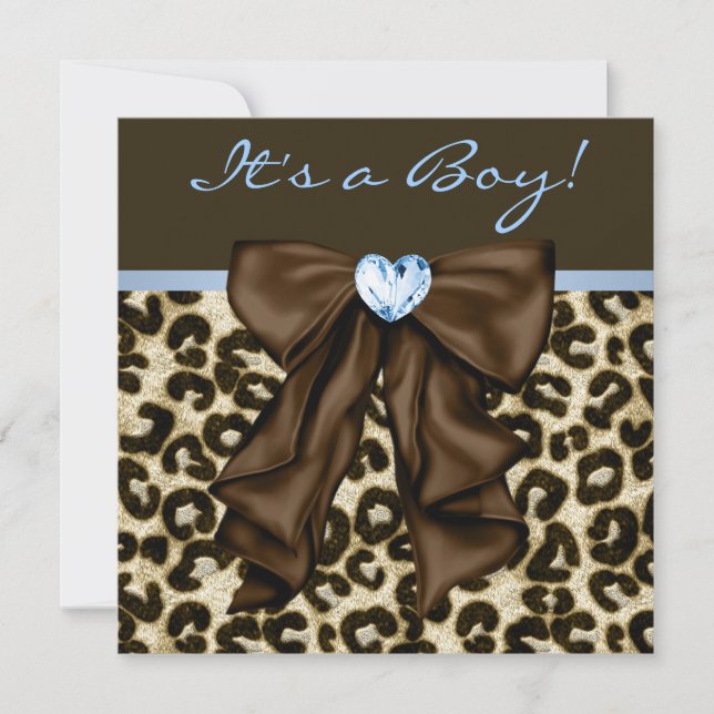 Convites Chuva de Bebê Azul Bebê Menino Leopardo Marrom (Frente)