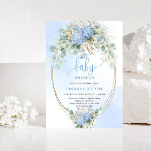 Convites Chuva de Bebê Azul Boho Elegante com Hortênsia Dou