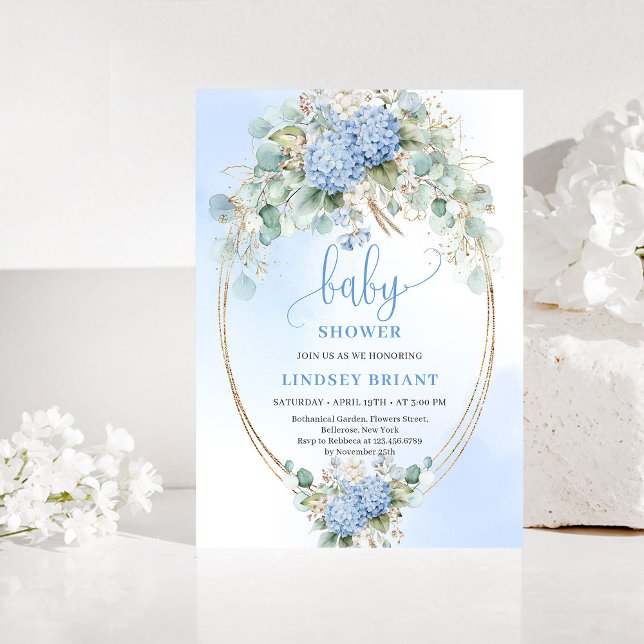 Convites Chuva de Bebê Azul Boho Elegante com Hortênsia Dou (Elegant Boho Blue Hydrangea Gold Baby Shower Invite)