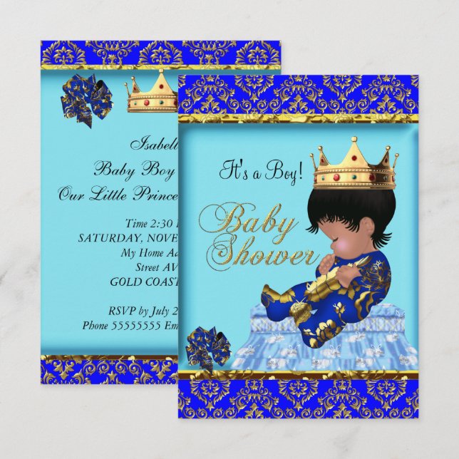 Convites Chuva de Bebê Azul Dourado Menino Príncipe (Frente/Verso)