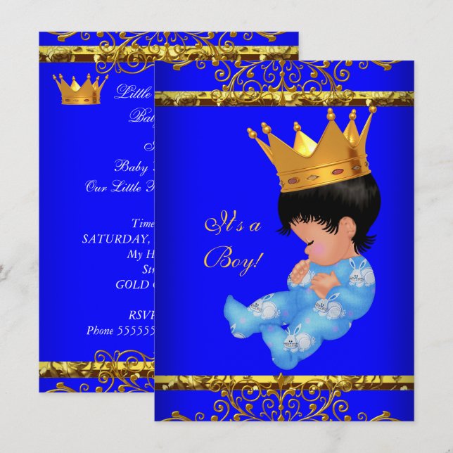 Convites Chuva de Bebê Azul Dourado Menino Príncipe Coroa 4 (Frente/Verso)