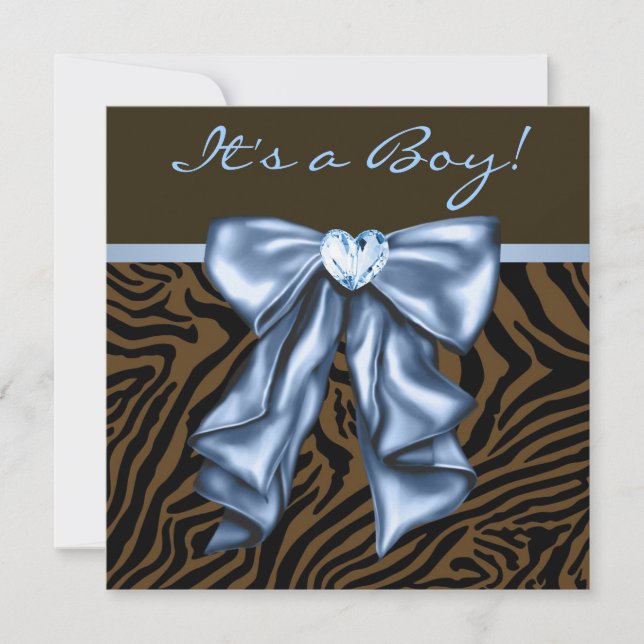 Convites Chuva de Bebê Azul Elegante de Zebra Menino (Frente)