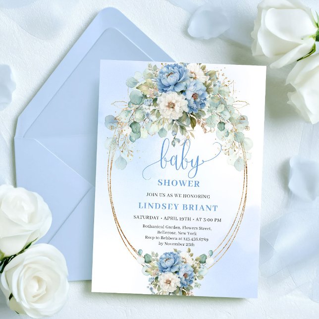 Convites Chuva de Bebê Azul Floral Verde Boho Elegante (Elegant Boho Blue Floral Greenery Gold Baby Shower)