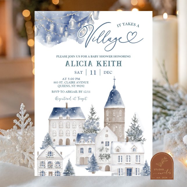 Convites Chuva de Bebê Azul Inverno Natal Hygge Vila (Criador carregado)