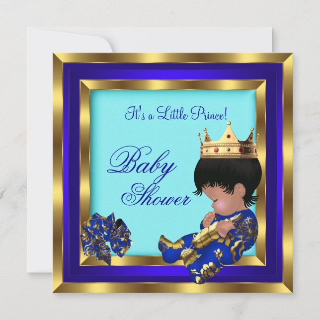 Convites Chuva de Bebê Azul Real Dourado Menino coroa prínc (Frente)
