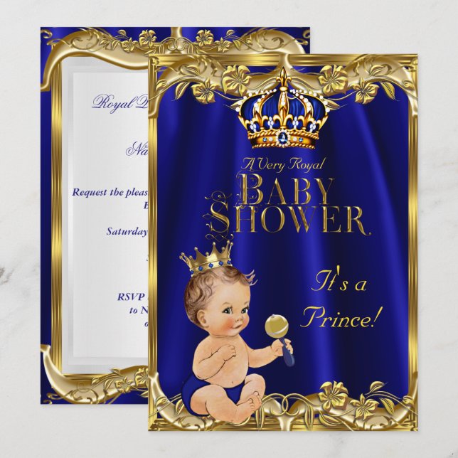 Convites Chuva de Bebê Azul Real Dourado Príncipe Moreno (Frente/Verso)