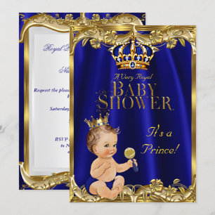 Convites Chuva de Bebê Azul Real Dourado Príncipe Moreno