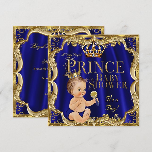 Convites Chuva de Bebê Azul Real Ouro Príncipe Bebê (Frente/Verso)