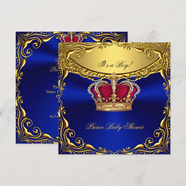 Convites Chuva de Bebê Azul Real Príncipe Bebê Chuveiro Ver (Frente/Verso)