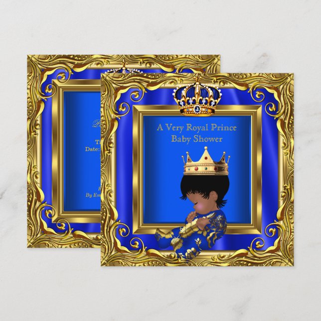 Convites Chuva de Bebê Azul Real Príncipe Quadro Dourado Me (Frente/Verso)