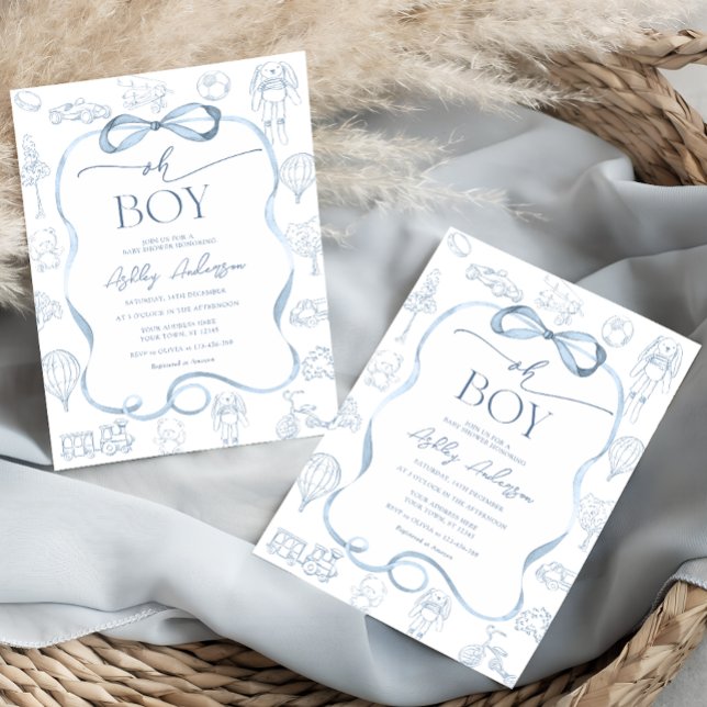 Convites Chuva de Bebê Azul Toile De Jouy Oh Boy (Criador carregado)