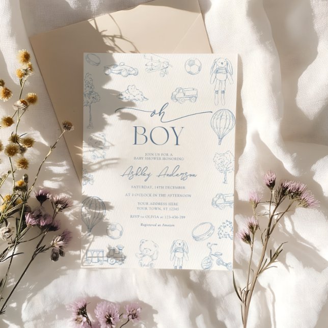 Convites Chuva De Bebê Azul Toile De Jouy Oh Boy  (Criador carregado)