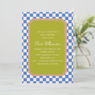 Convites Chuva de Bebê Azul Xadrez Oliva Rosa