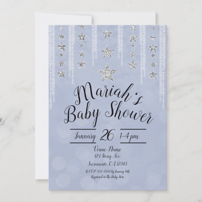 Convites Chuva de Bebê Baby Blue e Estrelas com Brilho Prat (Frente)