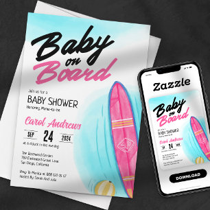 Convites Chuva de Bebê Baby on Board Pink Surfboard