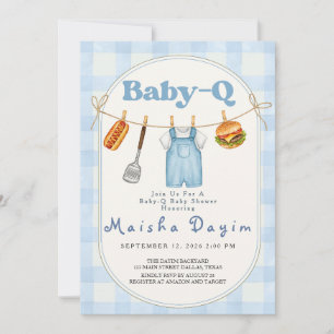 Convites Chuva de Bebê Baby-Q Azul Xadrez Corda de Roupas