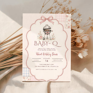 Convites Chuva de Bebê Baby Q BBQ com Laço Rosa em Aquarela