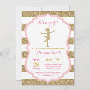 Convites Chuva de Bebê Bailarina Brilho Rosa e Dourado