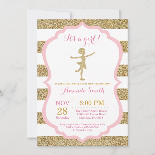 Convites Chuva de Bebê Bailarina Brilho Rosa e Dourado (Frente)