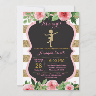 Convites Chuva de Bebê Bailarina Brilho Rosa e Dourado
