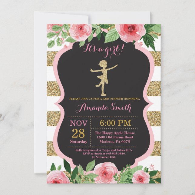 Convites Chuva de Bebê Bailarina Brilho Rosa e Dourado (Frente)