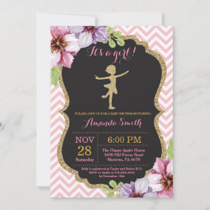 Convites Chuva de Bebê Bailarina Brilho Rosa e Dourado