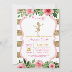 Convites Chuva de Bebê Bailarina Brilho Rosa e Dourado