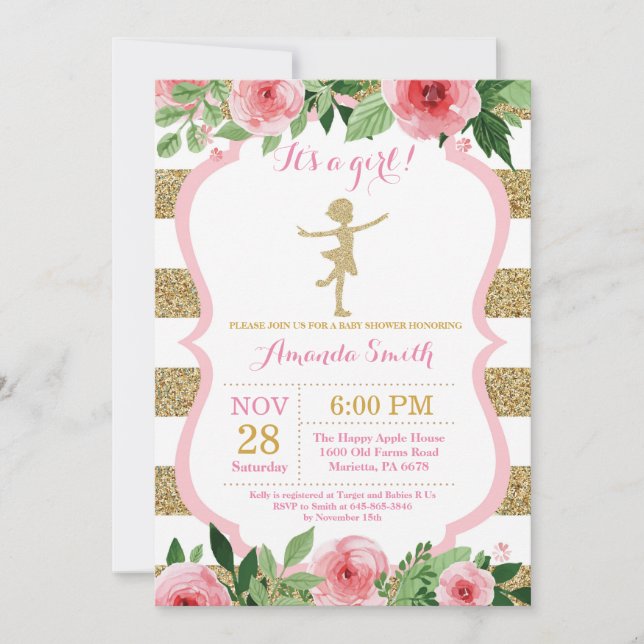 Convites Chuva de Bebê Bailarina Brilho Rosa e Dourado (Frente)