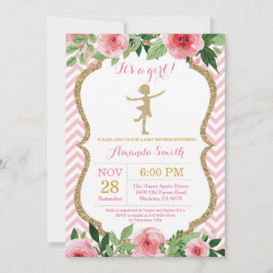 Convites Chuva de Bebê Bailarina Brilho Rosa e Dourado