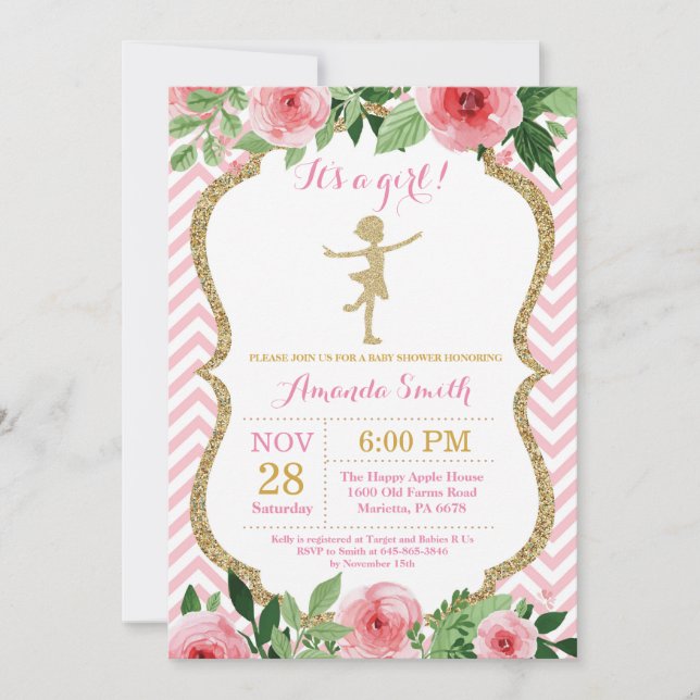 Convites Chuva de Bebê Bailarina Brilho Rosa e Dourado (Frente)