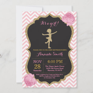Convites Chuva de Bebê Bailarina Brilho Rosa e Dourado