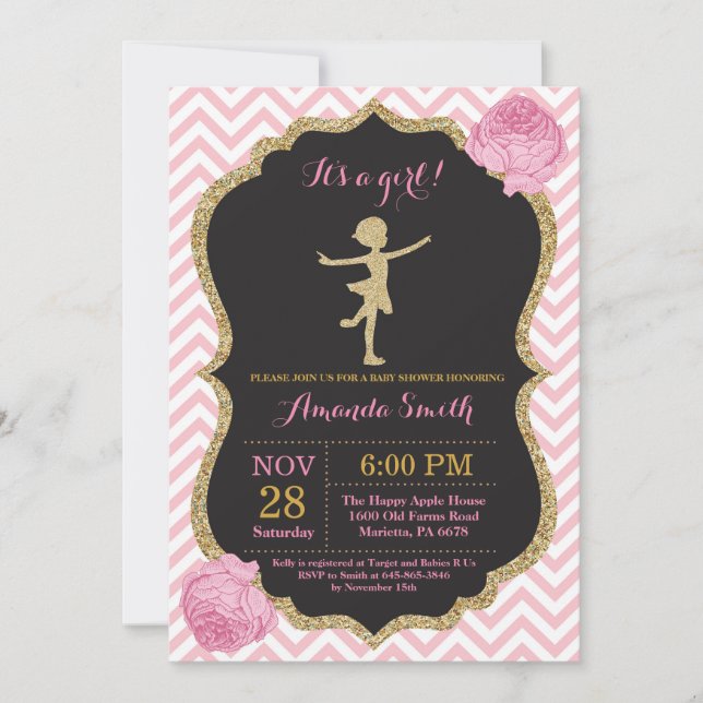 Convites Chuva de Bebê Bailarina Brilho Rosa e Dourado (Frente)