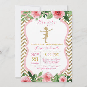 Convites Chuva de Bebê Bailarina Brilho Rosa e Dourado