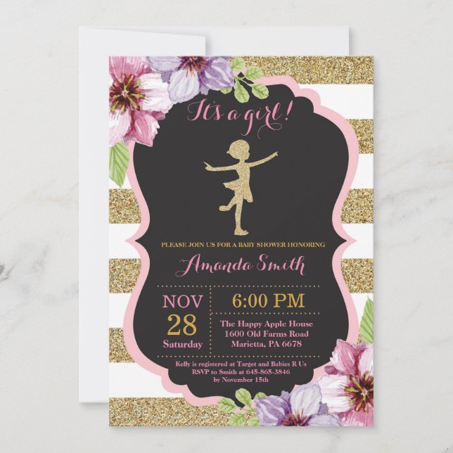 Convites Chuva de Bebê Bailarina Brilho Rosa e Dourado (Frente)