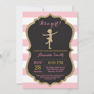 Convites Chuva de Bebê Bailarina Brilho Rosa e Dourado