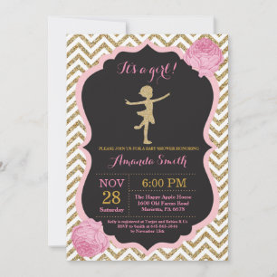 Convites Chuva de Bebê Bailarina Brilho Rosa e Dourado