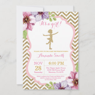 Convites Chuva de Bebê Bailarina Brilho Rosa e Dourado