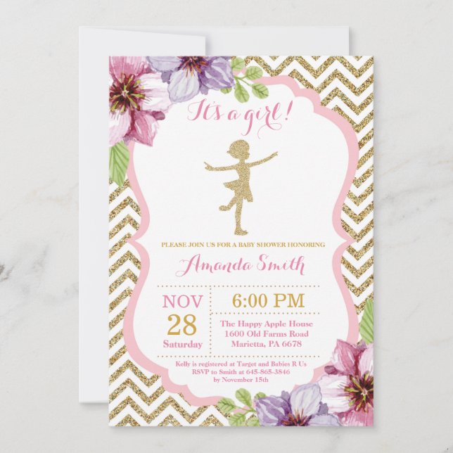 Convites Chuva de Bebê Bailarina Brilho Rosa e Dourado (Frente)