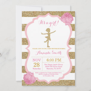 Convites Chuva de Bebê Bailarina Brilho Rosa e Dourado